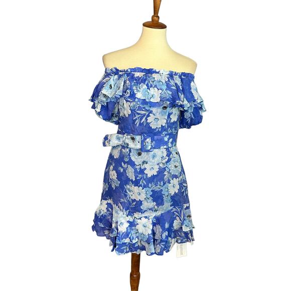 Yumi Kim Blue Floral Off The Shoulder Mini Dress LARGE Ruffle Wedding Guest NEW - Picture 4 of 8